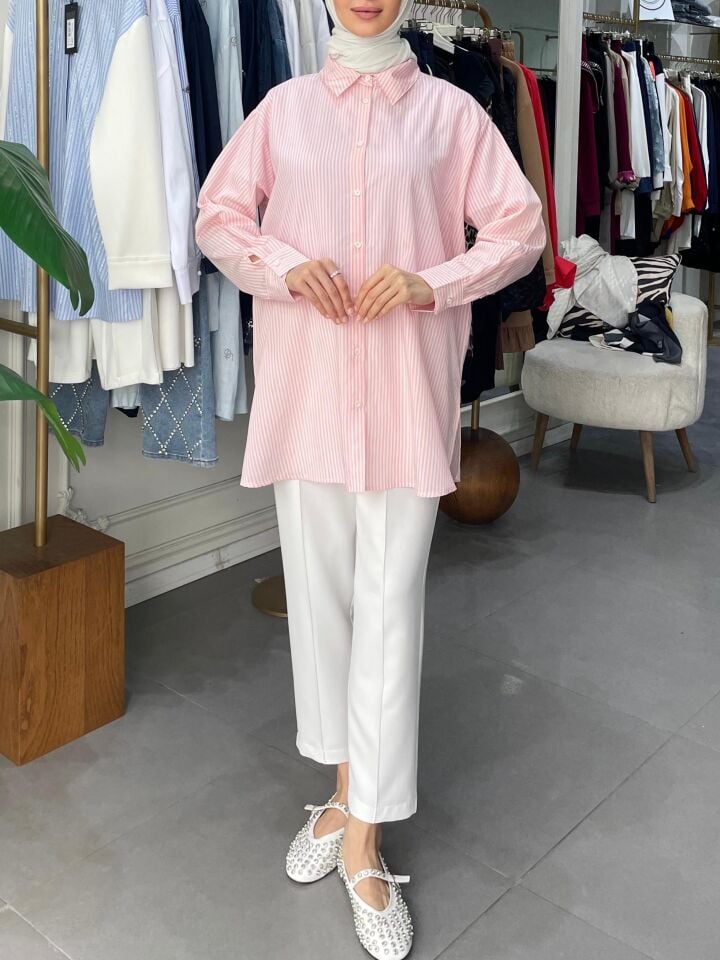 İNCE ÇİZGİLİ GÖMLEK PEMBE