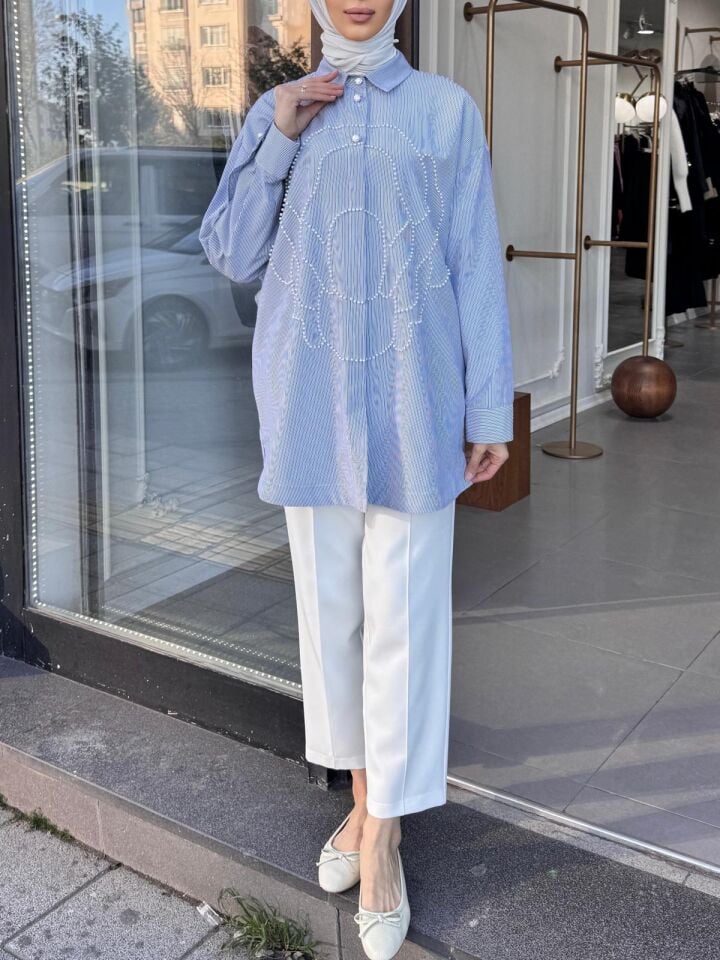 İNCİ İŞLEMELİ ÇİZGİLİ GÖMLEK