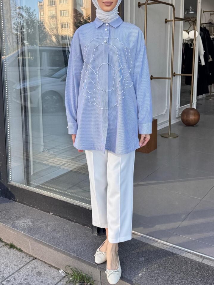 İNCİ İŞLEMELİ ÇİZGİLİ GÖMLEK