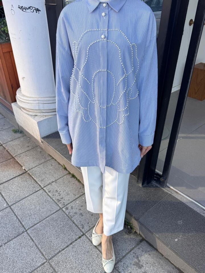 İNCİ İŞLEMELİ ÇİZGİLİ GÖMLEK