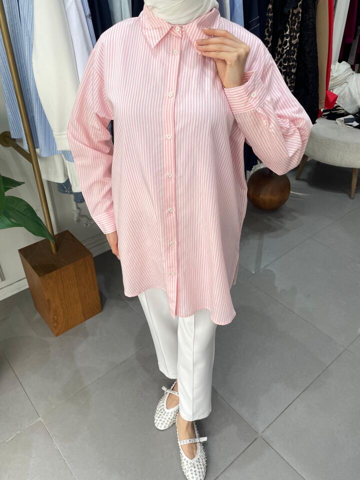 İNCE ÇİZGİLİ GÖMLEK PEMBE