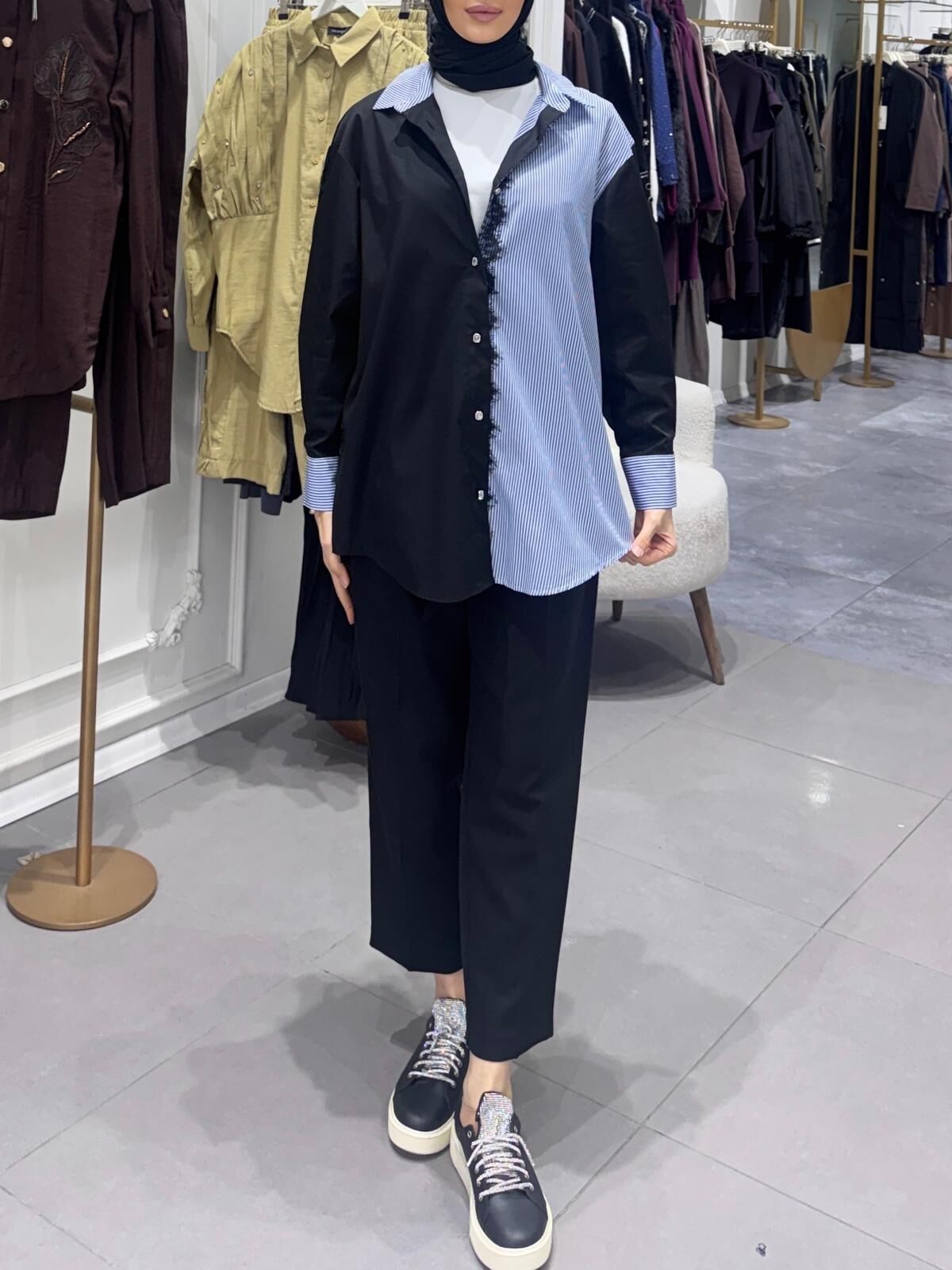 DANTELLİ ÇİZGİLİ GÖMLEK YEŞİL