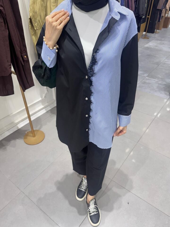 DANTELLİ ÇİZGİLİ GÖMLEK YEŞİL