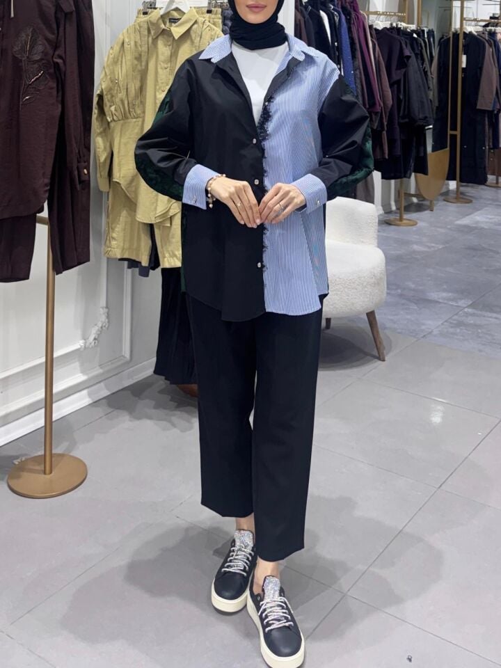 DANTELLİ ÇİZGİLİ GÖMLEK YEŞİL