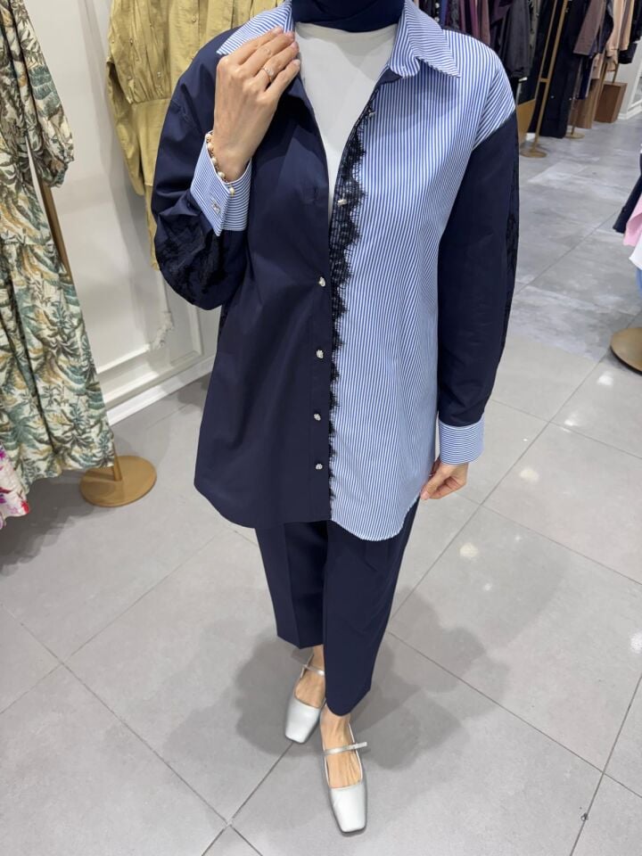 DANTELLİ ÇİZGİLİ GÖMLEK LACİVERT