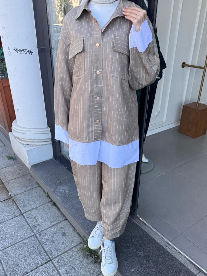 GÖMLEKLİ ÇİZGİLİ KETEN TAKIM