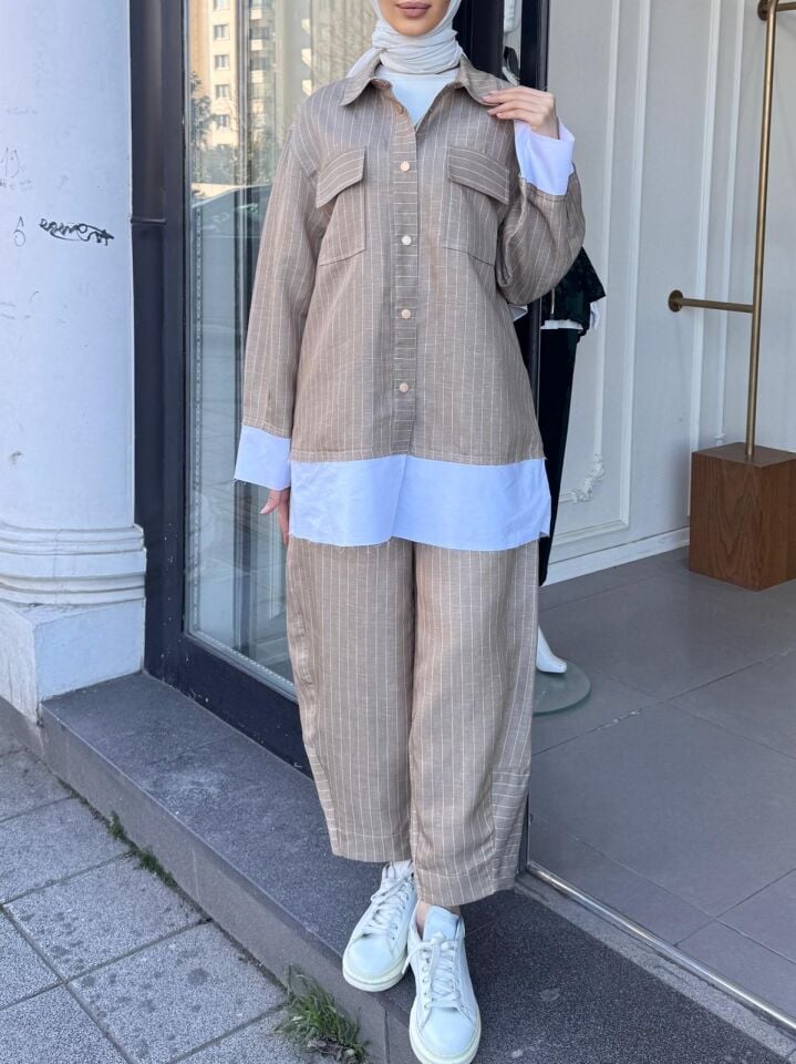 GÖMLEKLİ ÇİZGİLİ KETEN TAKIM