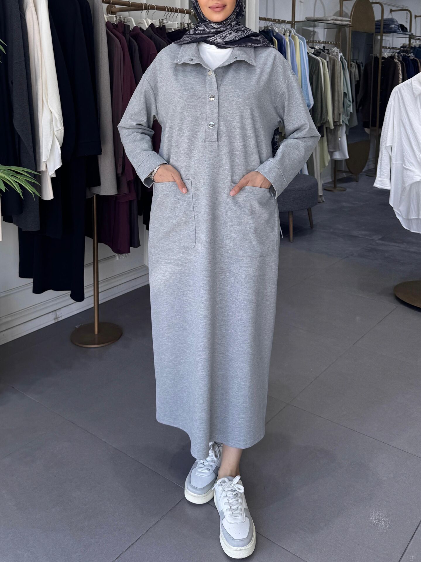 MİRANDA ÇIT ÇITLI ELBİSE GRİ