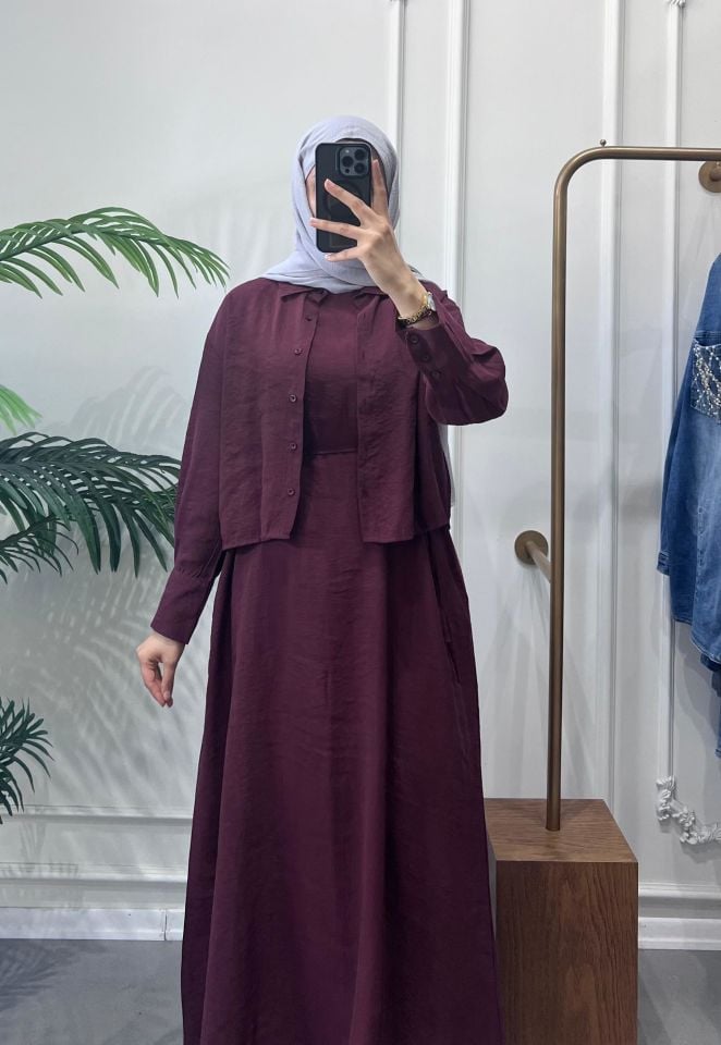 BELİ KUŞAKLI ELBİSE İKİLİ TAKIM BORDO
