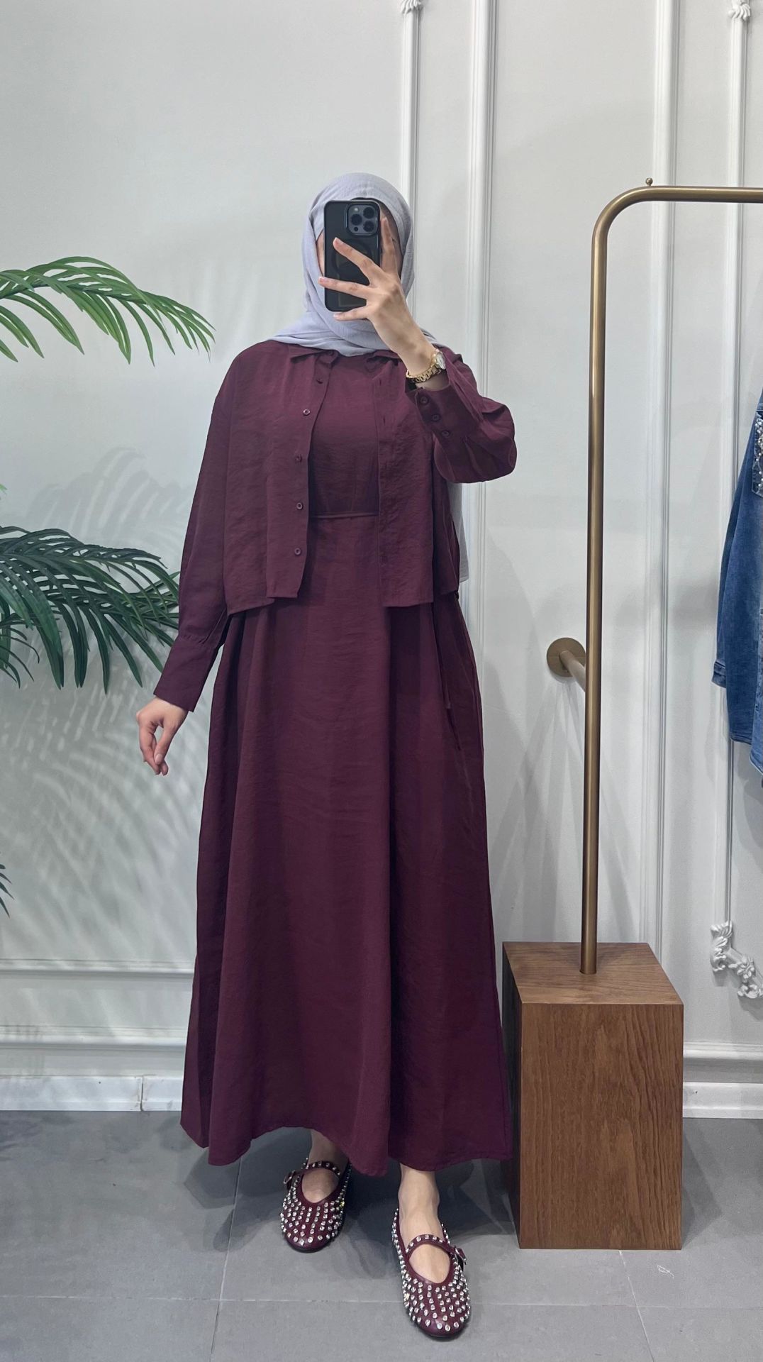 BELİ KUŞAKLI ELBİSE İKİLİ TAKIM BORDO