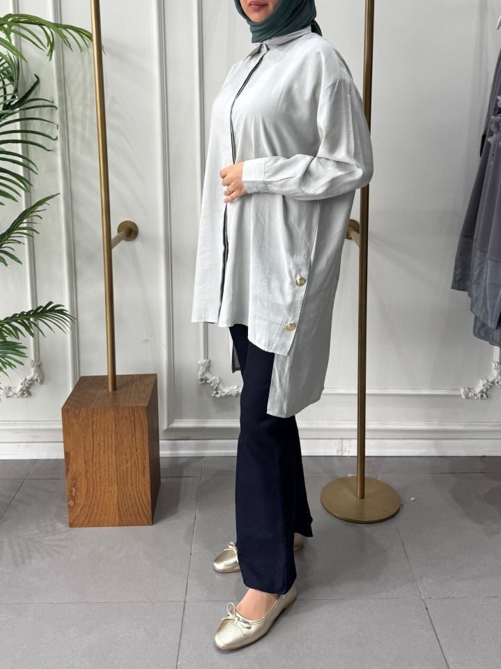 GOLD DÜĞME DETAYLI UZUN GÖMLEK TAŞ