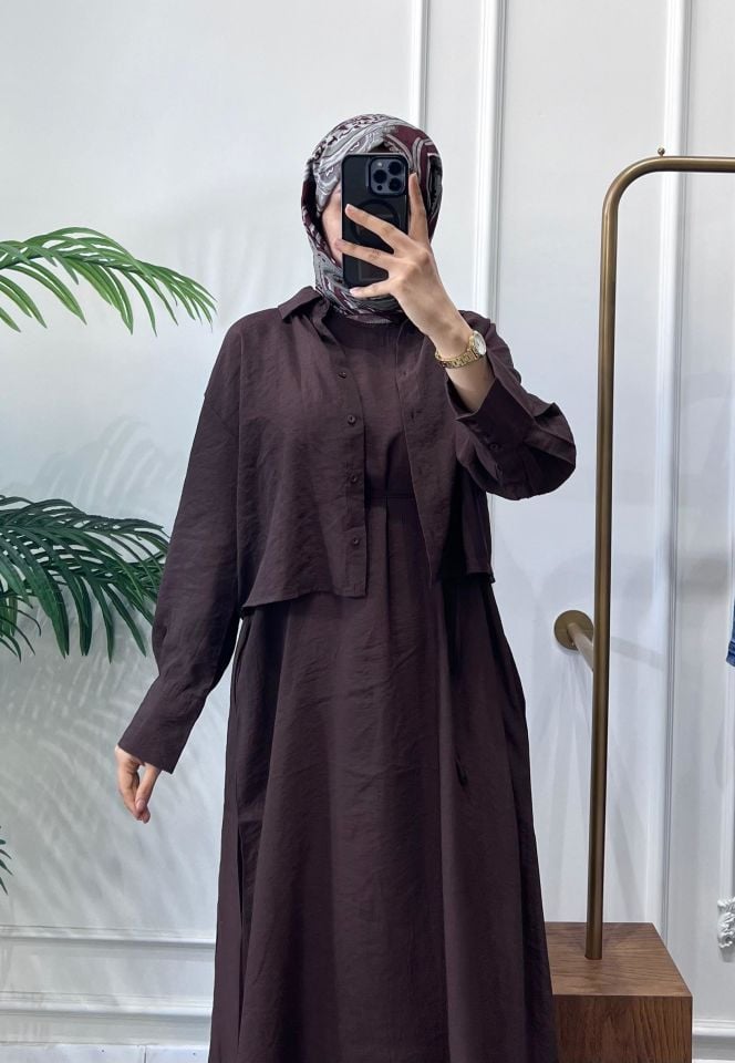 BELİ KUŞAKLI ELBİSE İKİLİ TAKIM  KAHVE