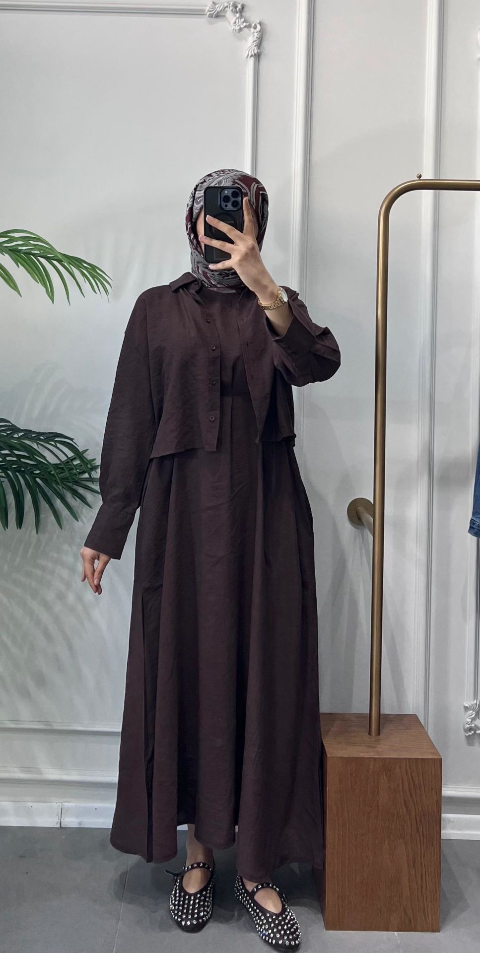 BELİ KUŞAKLI ELBİSE İKİLİ TAKIM  KAHVE