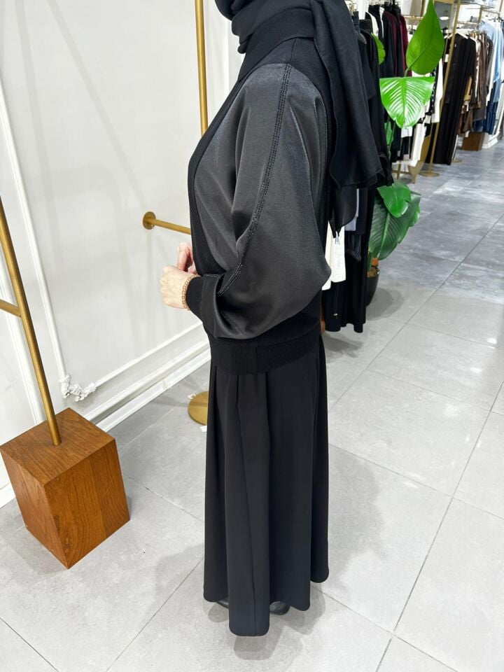 KOLU SATEN TRİKO TUNİK SİYAH