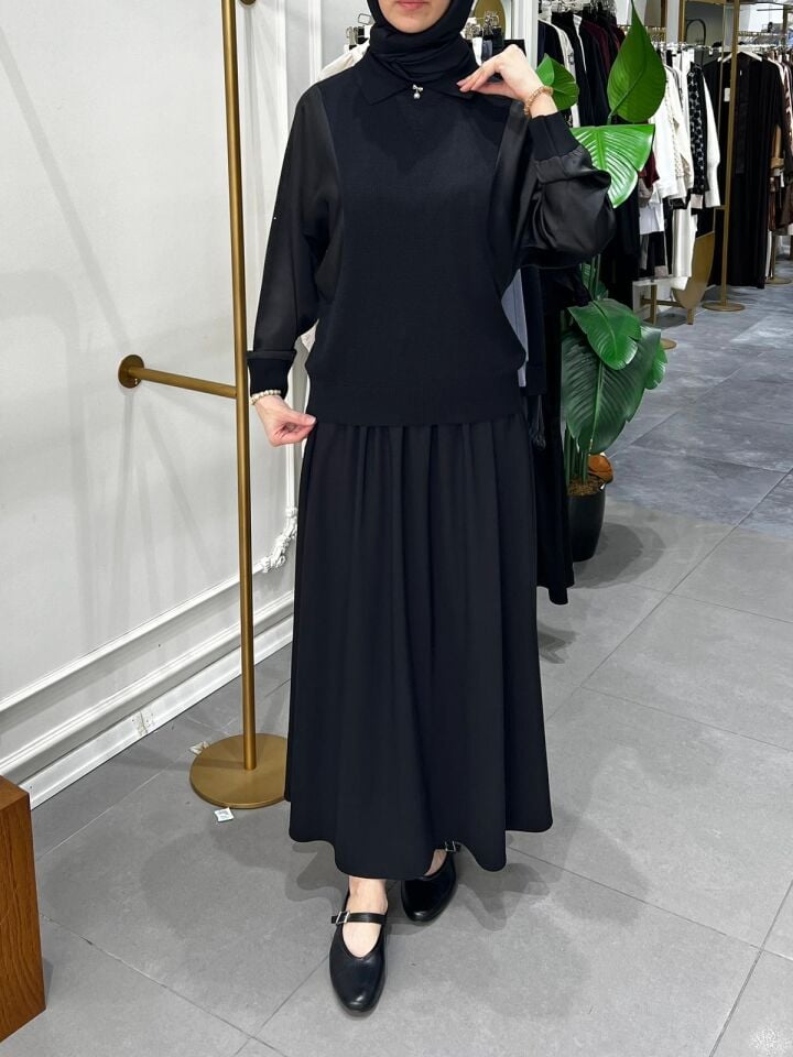 KOLU SATEN TRİKO TUNİK SİYAH