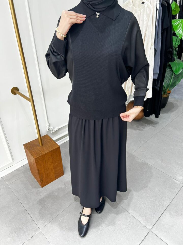 KOLU SATEN TRİKO TUNİK SİYAH