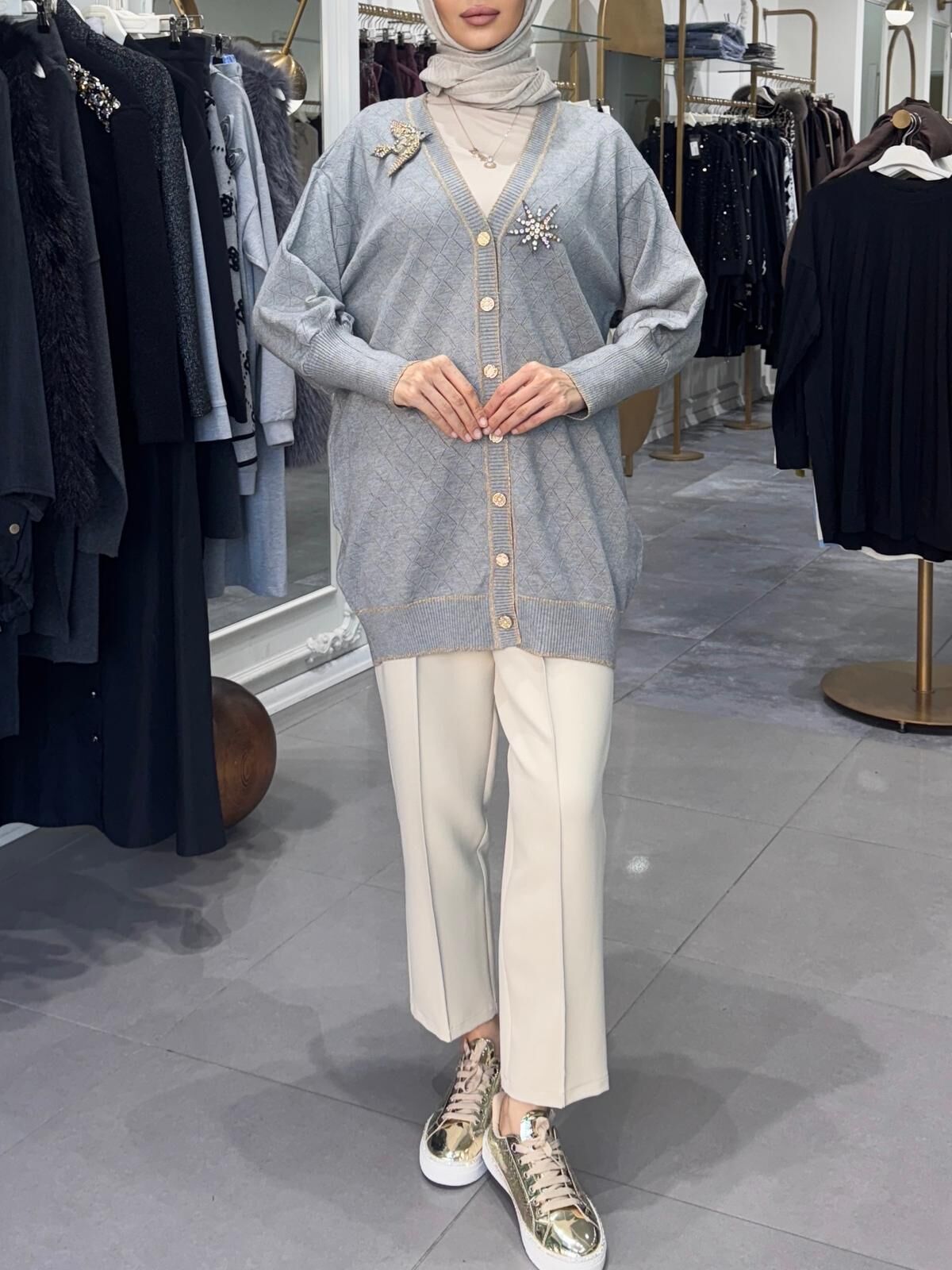 BAKLAVA DESEN KUŞ DETAY HIRKA GRİ