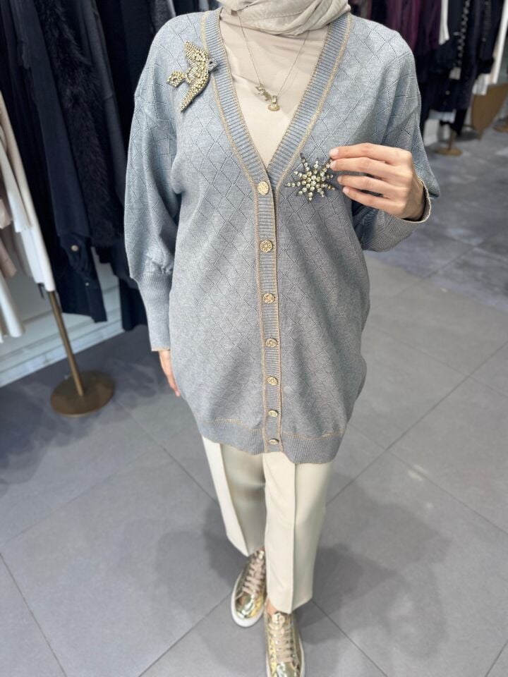 BAKLAVA DESEN KUŞ DETAY HIRKA GRİ