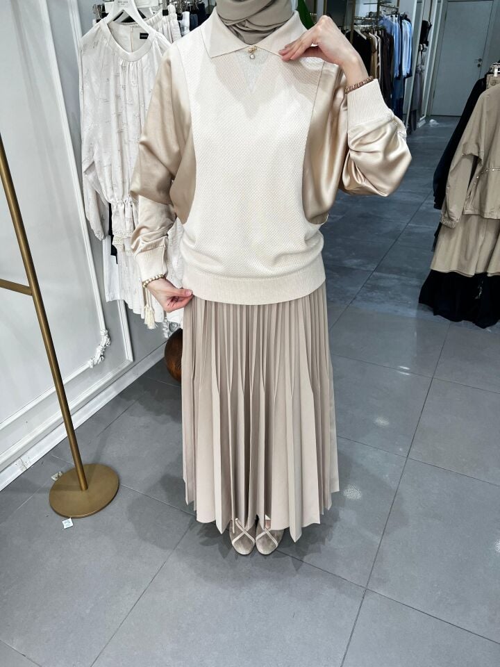 KOLU SATEN TRİKO TUNİK BEJ