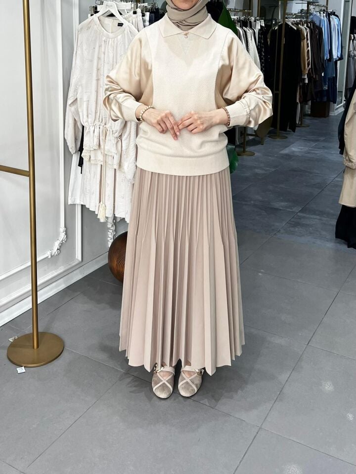 KOLU SATEN TRİKO TUNİK BEJ