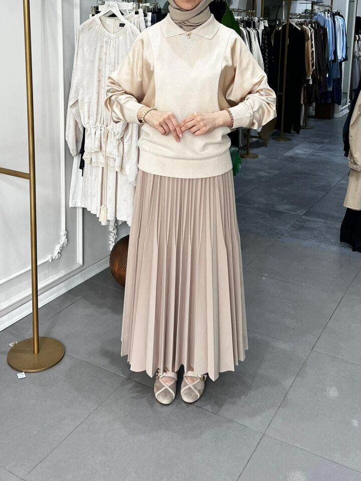 KOLU SATEN TRİKO TUNİK BEJ