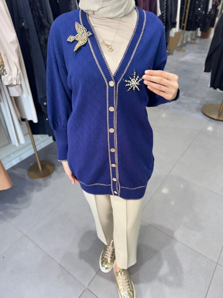 BAKLAVA DESEN KUŞ DETAY HIRKA  LACİVERT