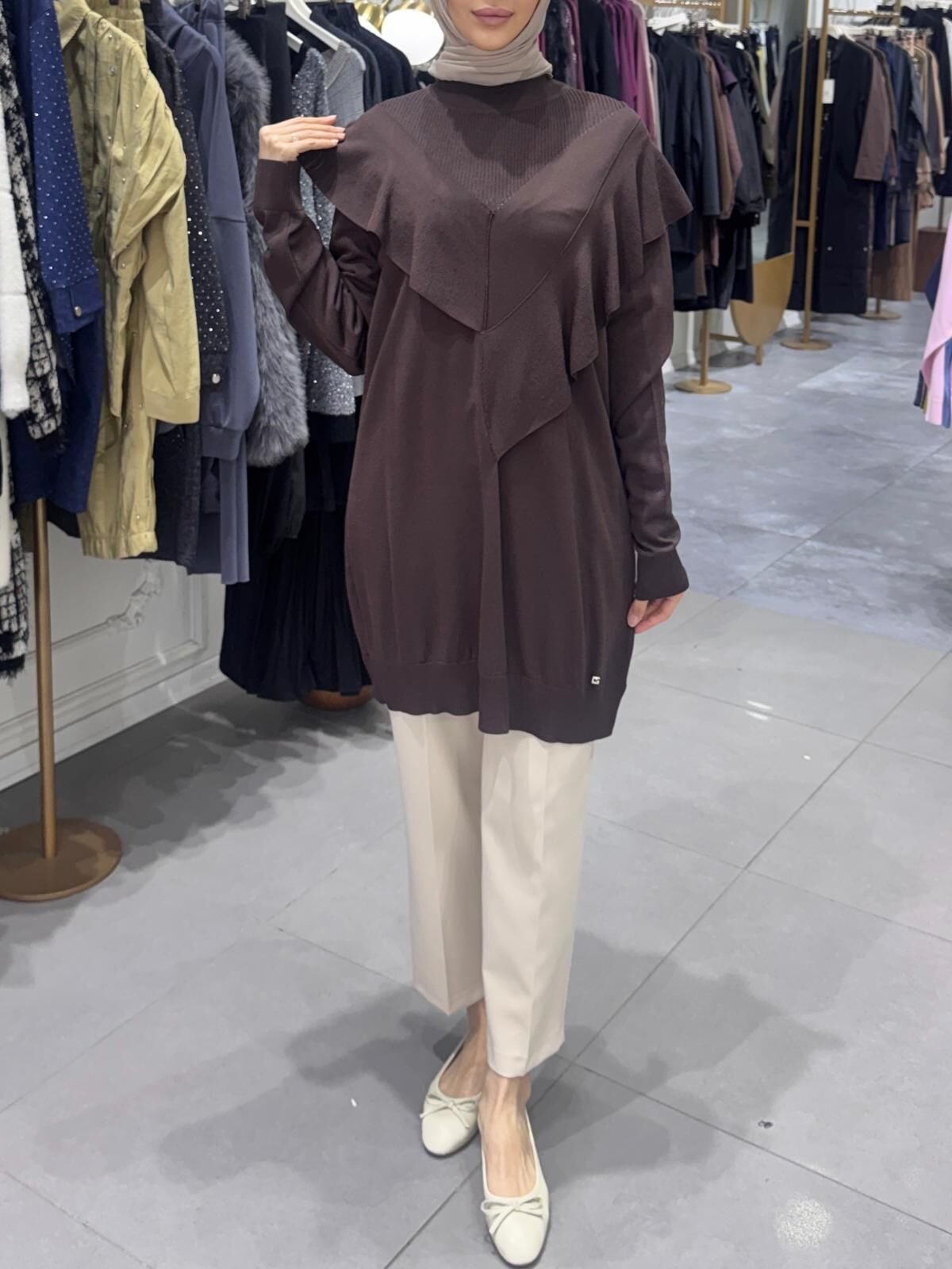 V YAKA MERSERİZE KAZAK KAHVERENGİ