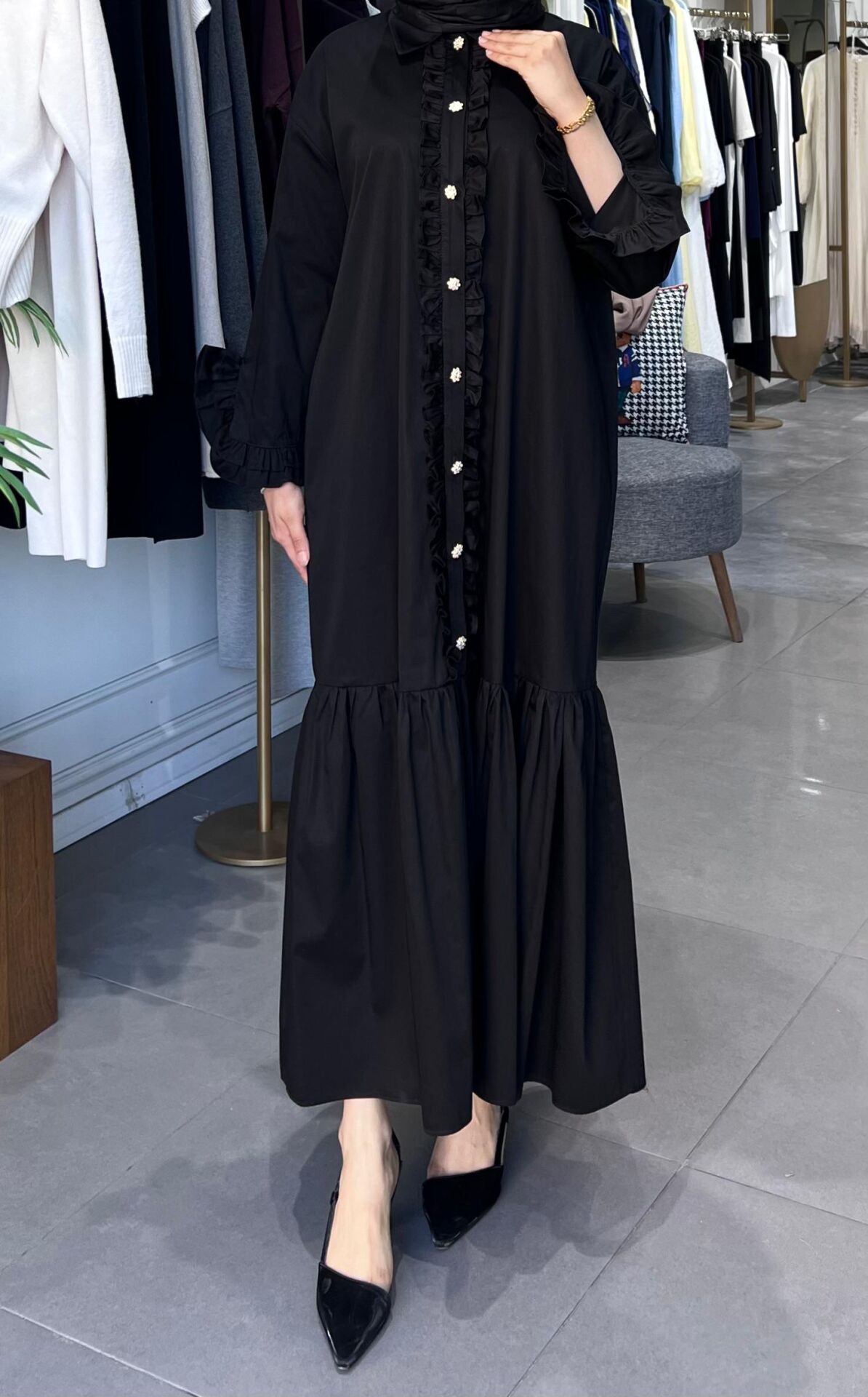 DÜĞME FIR FIR DETAYLI ELBİSE SİYAH