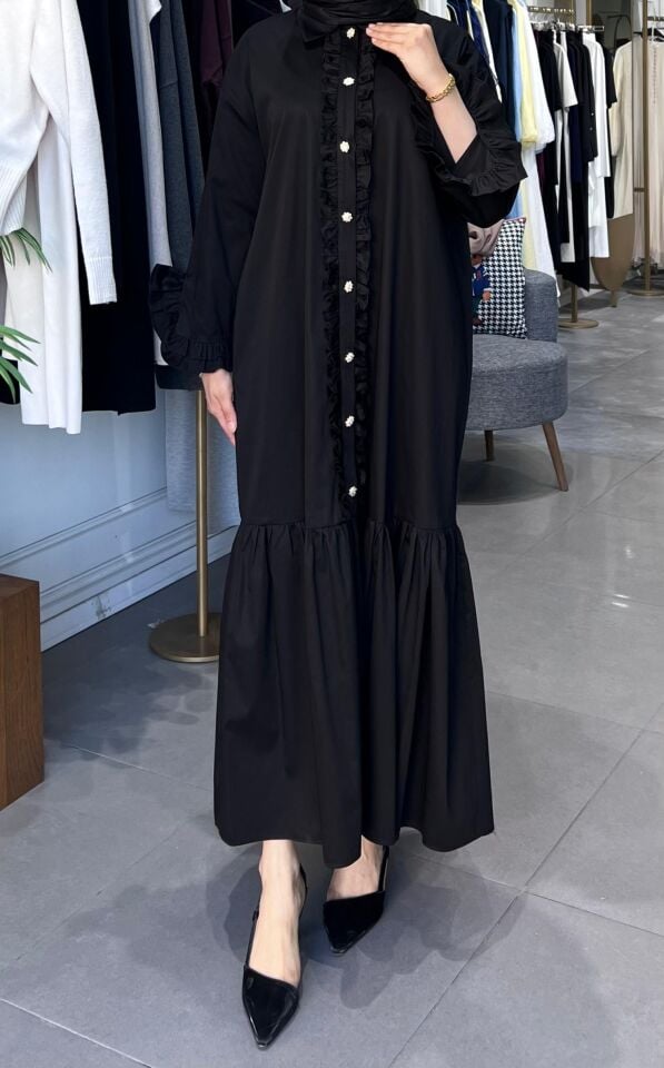 DÜĞME FIR FIR DETAYLI ELBİSE SİYAH