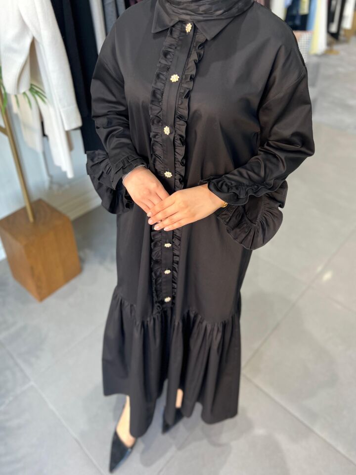 DÜĞME FIR FIR DETAYLI ELBİSE SİYAH