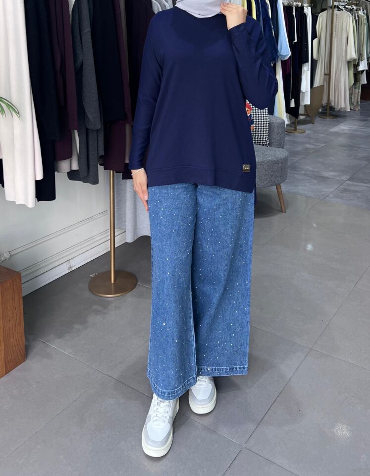 TAŞLI DENİM PANTOLON MAVİ