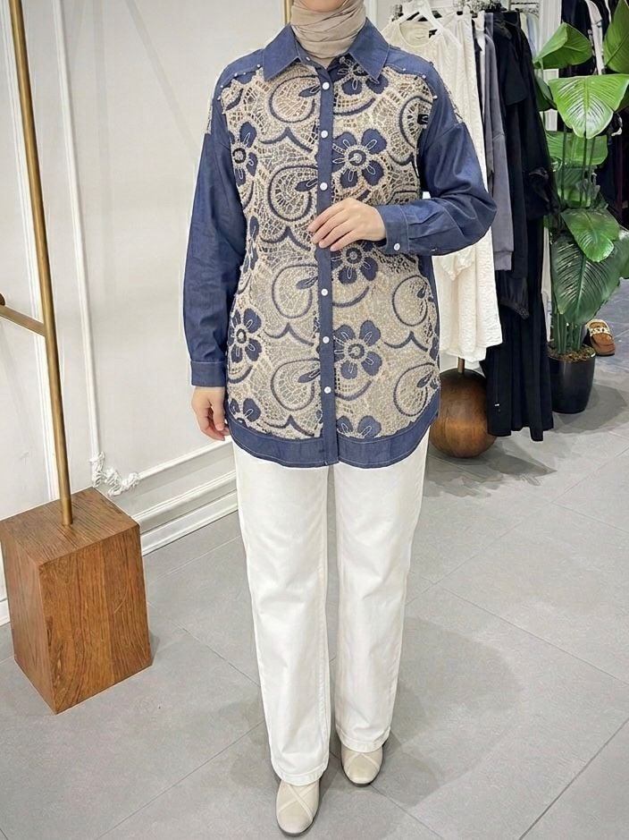 ÇITÇITLI DENİM DANTEL GÖMLEK