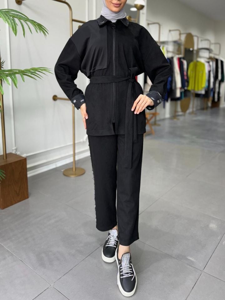 KOT DETAYLI BAĞLAMALI TAKIM SİYAH