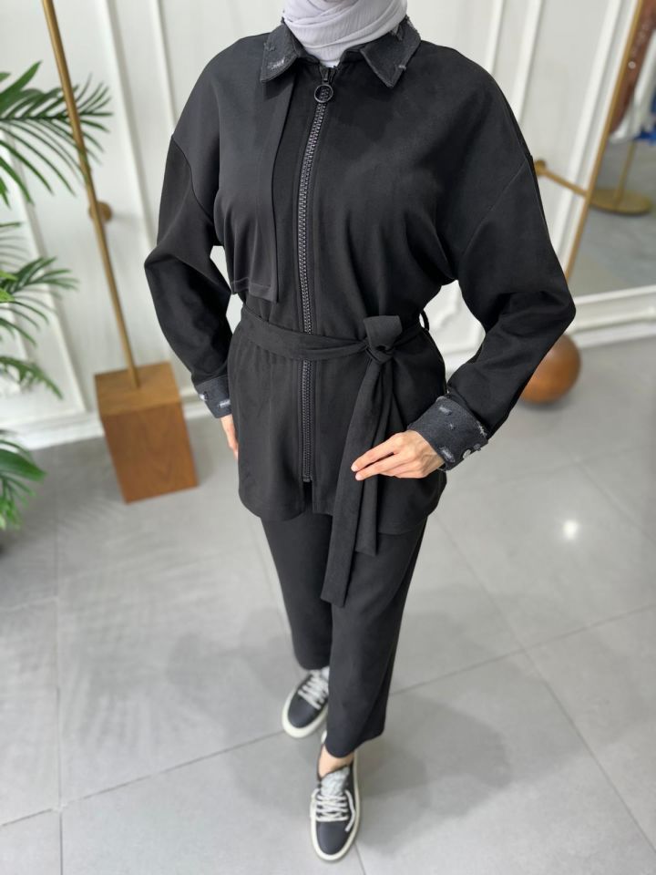 KOT DETAYLI BAĞLAMALI TAKIM SİYAH