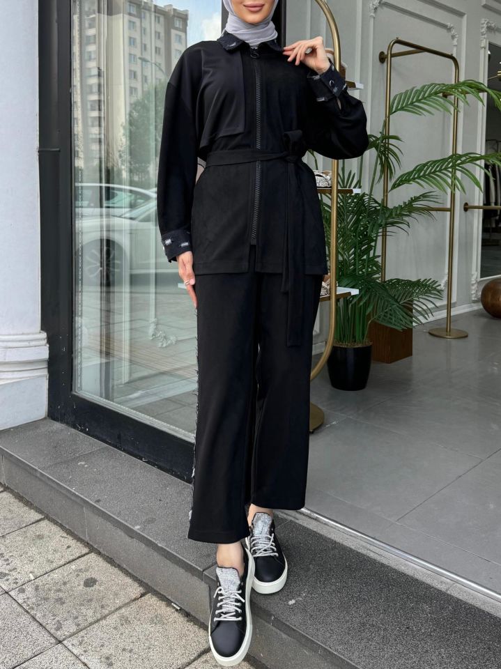 KOT DETAYLI BAĞLAMALI TAKIM SİYAH