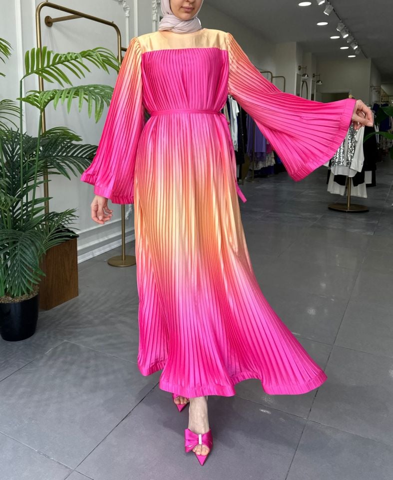 PİLİSELİ ELBİSE PEMBE-TURUNCU