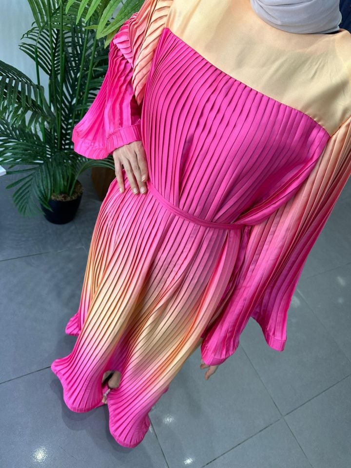 PİLİSELİ ELBİSE PEMBE-TURUNCU