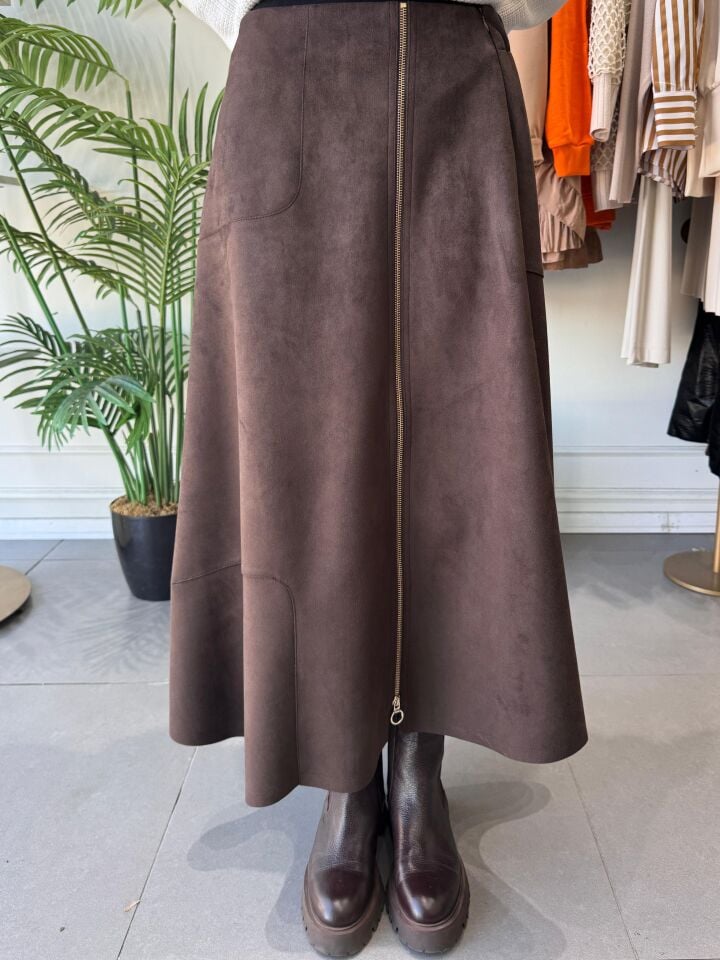 SÜET FERMUAR DETAY ETEK KAHVERENGİ