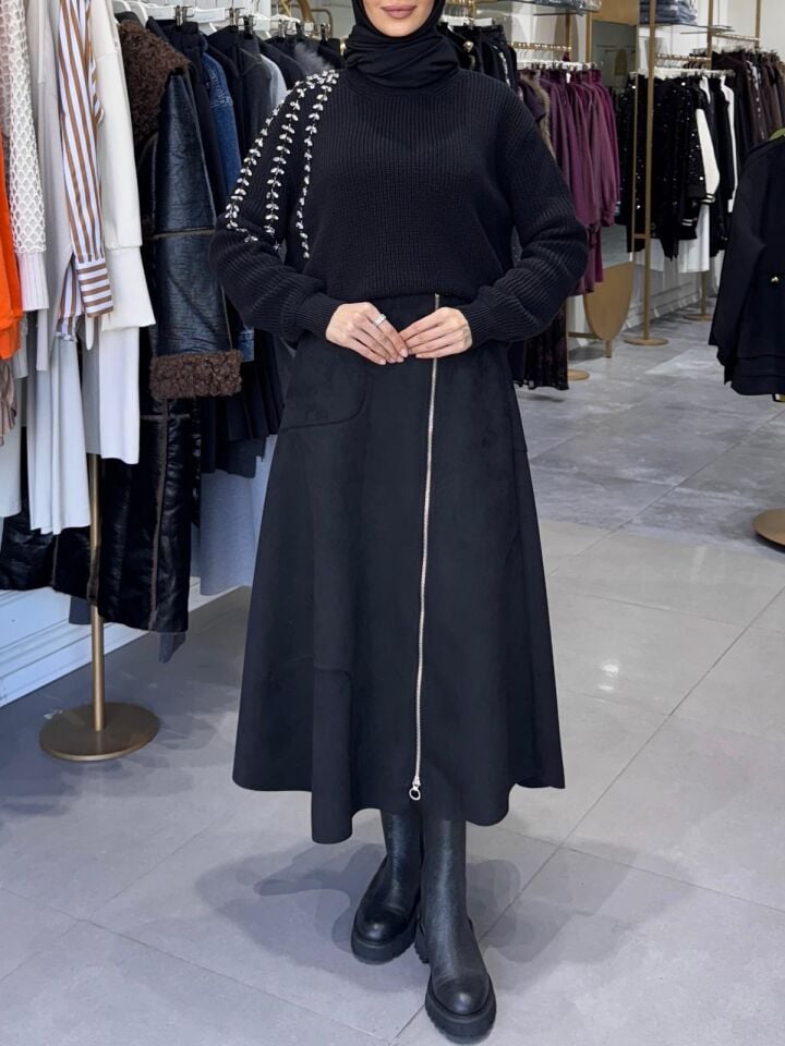 SÜET FERMUAR DETAY ETEK SİYAH