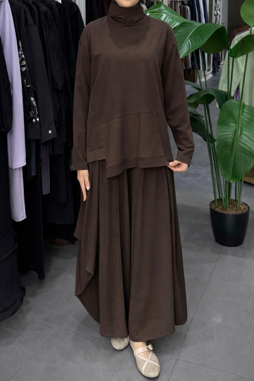 UZUN KOLLU BAMBU BLUZ KAHVE