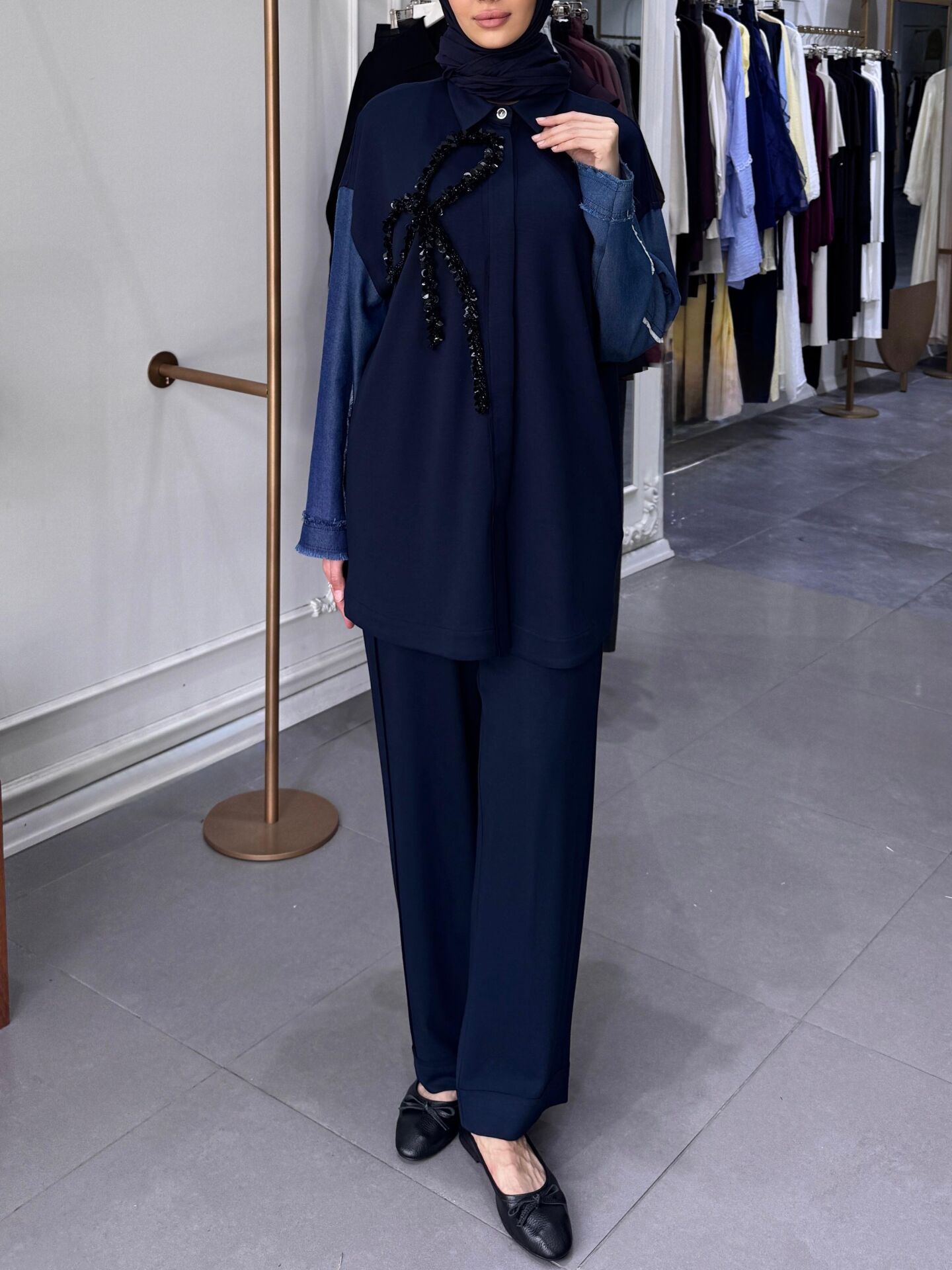 PUL FİYONK DETAY KOL DENİM TAKIM LACİVERT