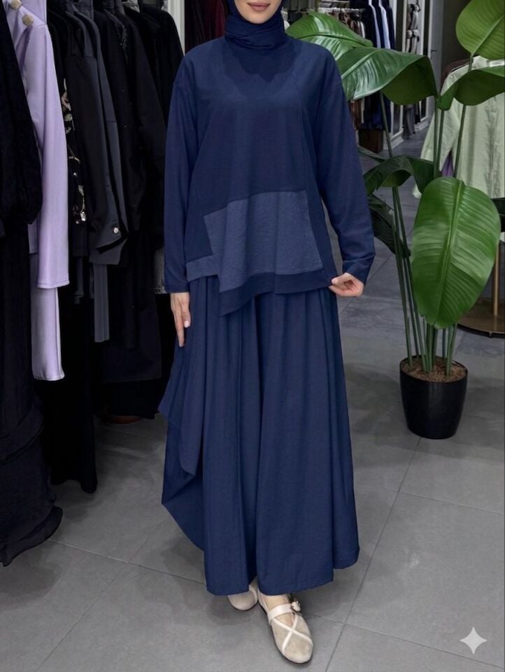 UZUN KOLLU BAMBU BLUZ LACİVERT