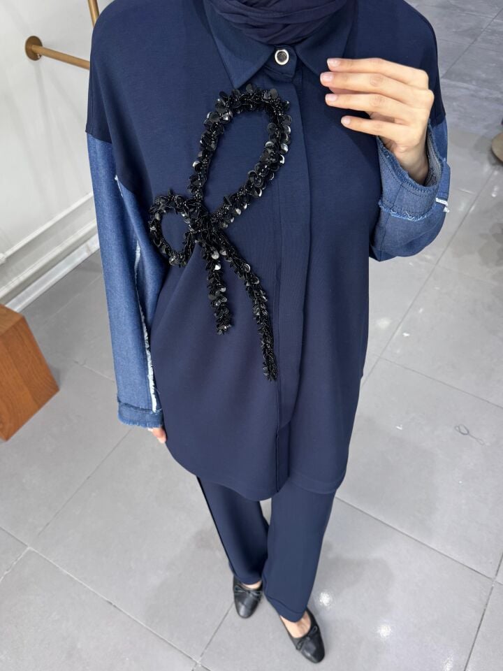 PUL FİYONK DETAY KOL DENİM TAKIM LACİVERT