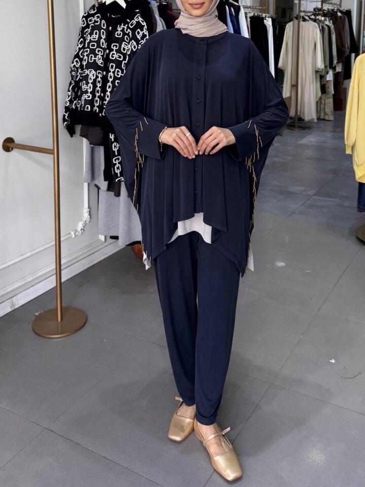 SARKIK BONCUK DETAYLI TAKIM LACİVERT