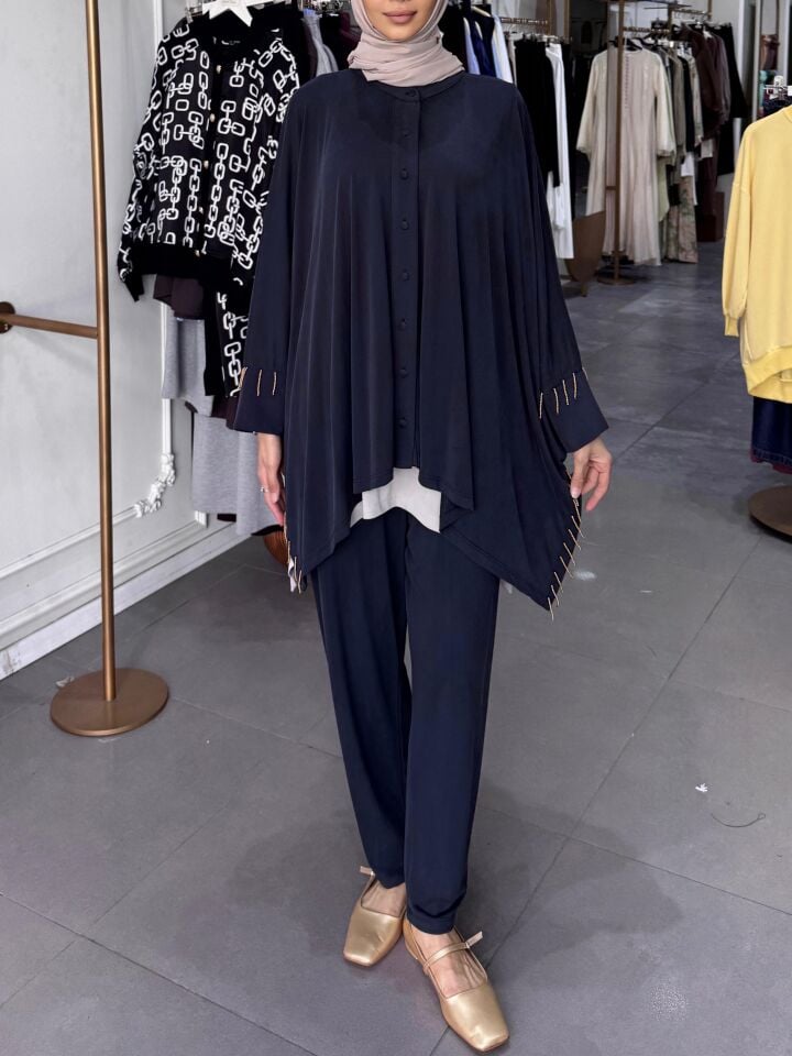 SARKIK BONCUK DETAYLI TAKIM LACİVERT