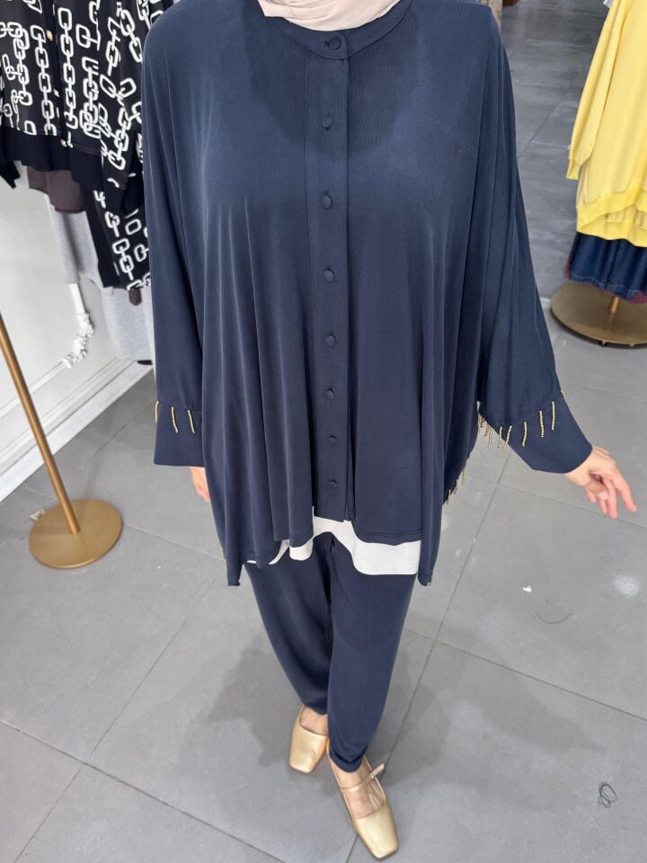 SARKIK BONCUK DETAYLI TAKIM LACİVERT