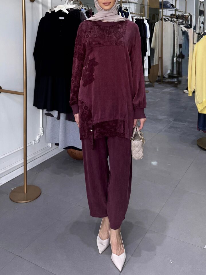 KENDİNDEN DESENLİ İPEK KUPRA TAKIM BORDO