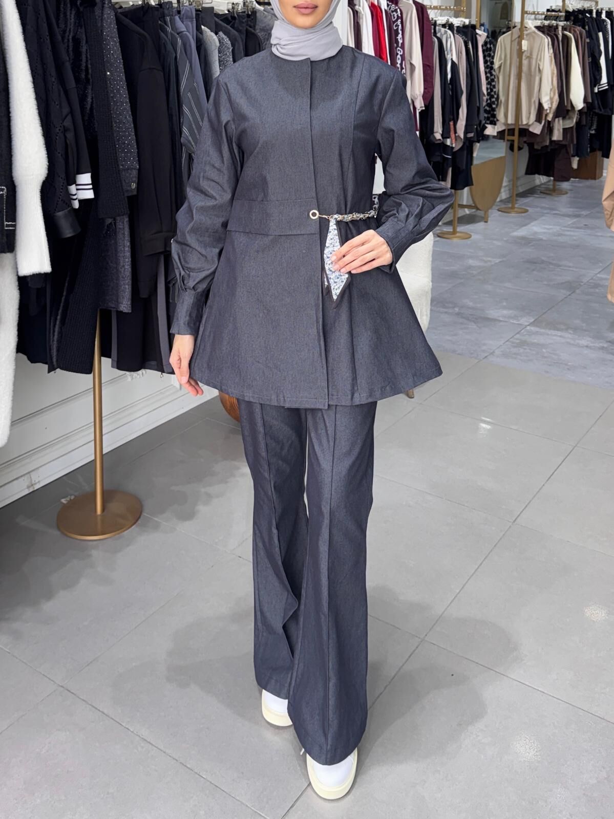 FULAR KEMER DETAYLI GABARDİN KOT CEKET LACİVERT