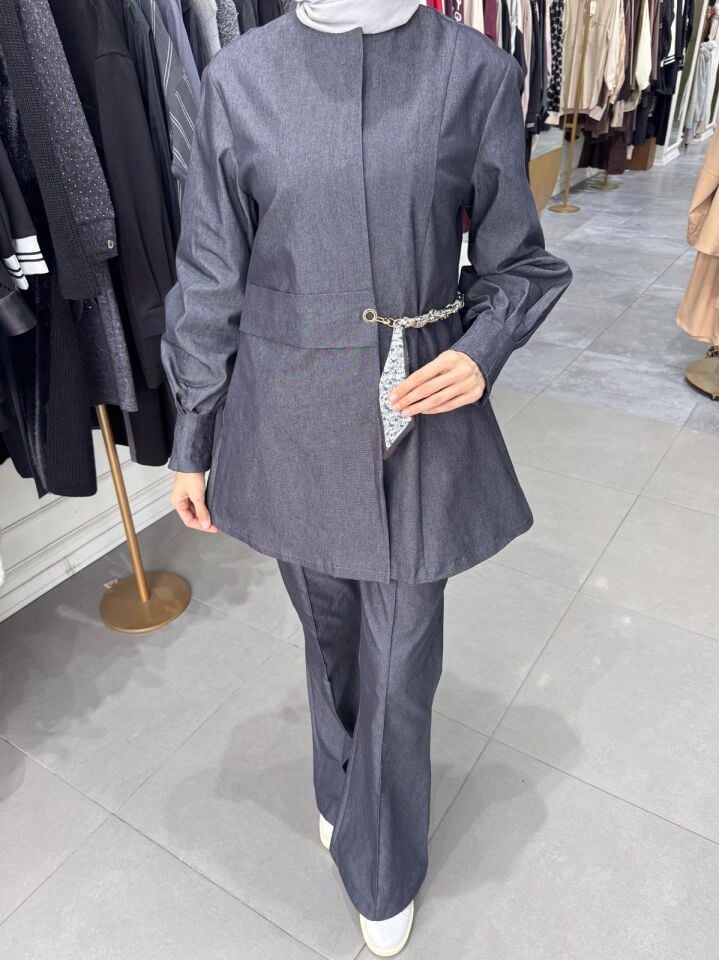 FULAR KEMER DETAYLI GABARDİN KOT CEKET LACİVERT