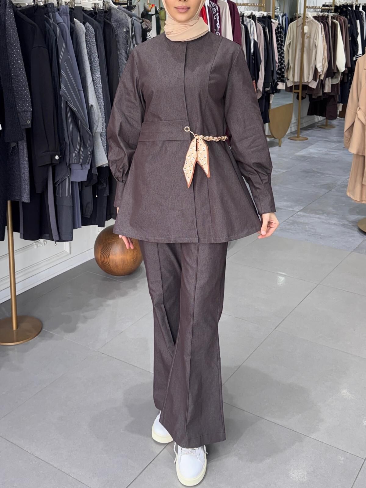 FULAR KEMER DETAYLI GABARDİN KOT CEKET KAHVERENGİ